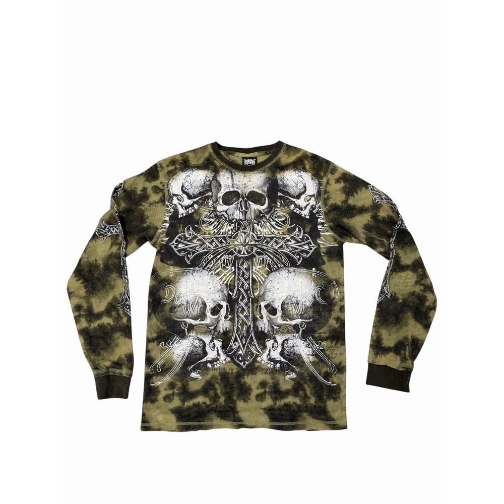 MMA Elite Shirt Mens Large Thermal Waffle Knit Camo Long‎ Sleeve Skulls Cross